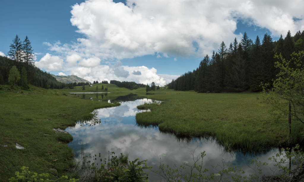 Blick auf den Seewaldsee am Fuße des Trattberg am Rande des Tennengebirge im Tennengau, Salzburg, Österreich.