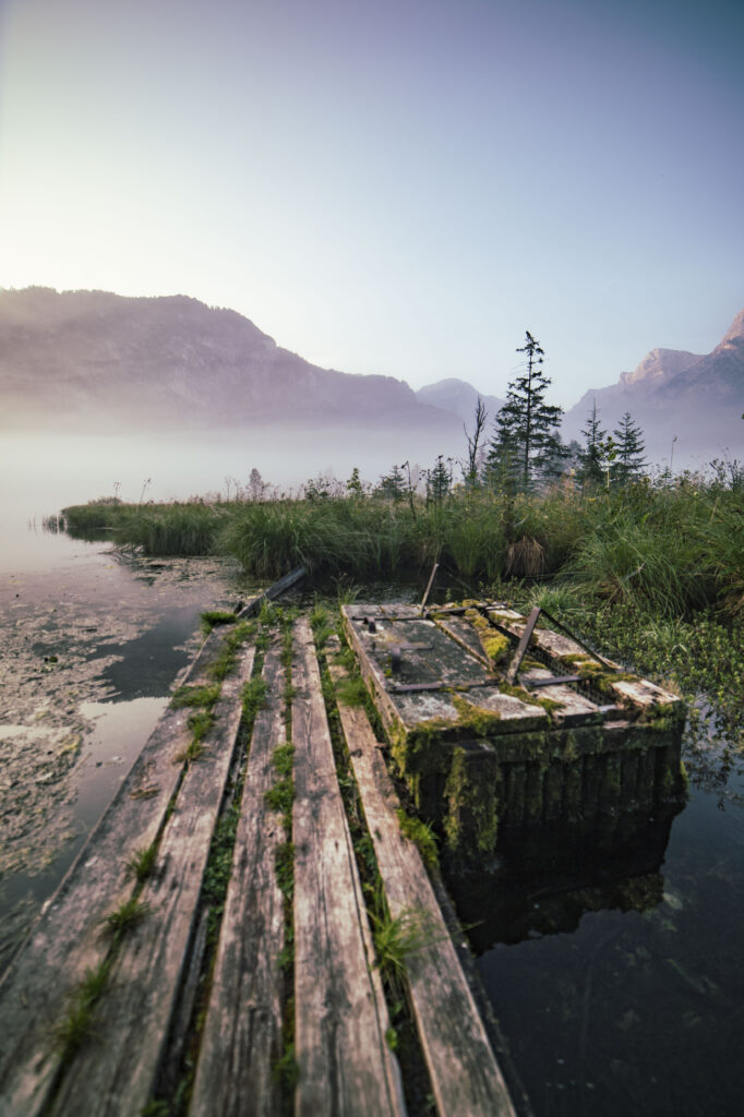 Morgenstimmung mit Nebel am Almsee im Almtal im Salzkammergut, Oberösterreich, Österreich.