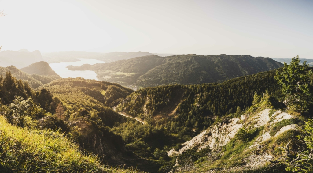 Sonnenuntergang und Blick auf den Mondsee im Sommer im Zuge einer Wanderung auf den Weinkogel am Weg auf die Eisenauer Alm am Fuße des Schafberg, Salzburg, Oberösterreich, Salzburger Land, Salzkammergut, Österreich.