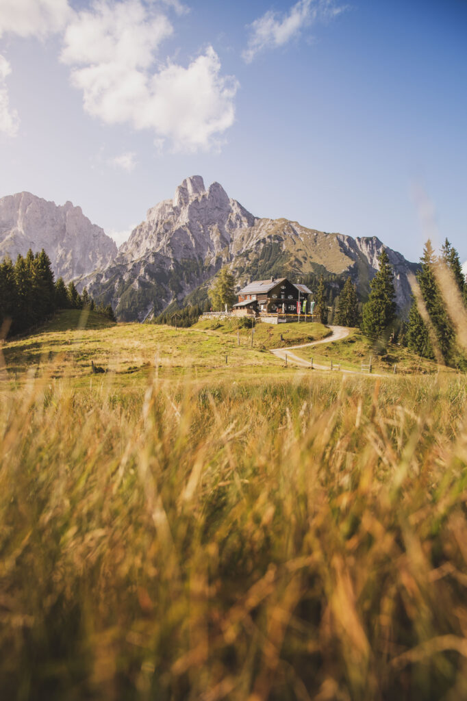 Sonnenuntergang bei der Mödlinger Hütte im Nationalpark Gesäuse in den Ennstaler Alpen mit dem Admonter Reichenstein im Hintergrund, Steiermark, Österreich.