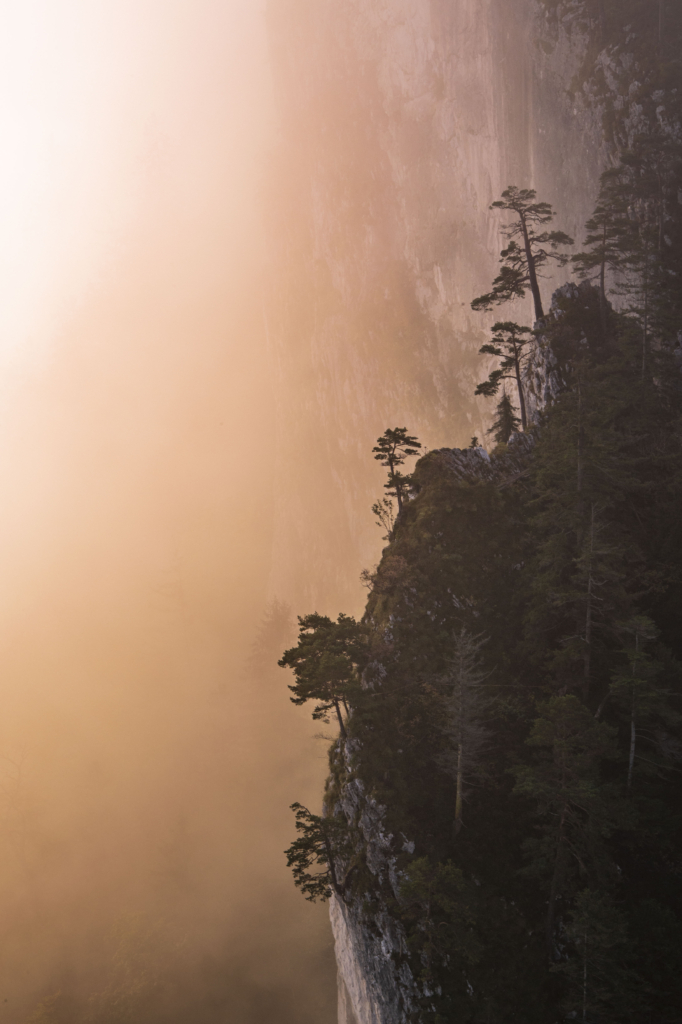 Atemberaubende Morgenstimmung mit Nebel mit Sonnenaufgang auf den Barmsteinen bei Hallein im Salzburger Land, Österreich.