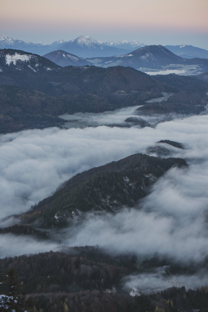Blick vom Schober auf die Täler und Wälder des Salzburger Thalgau.