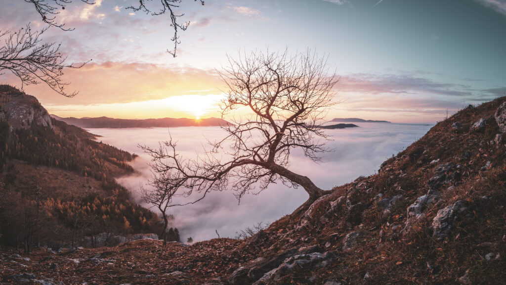 Sonnenaufgang und Nebelstimmung am Röthelstein in der Steiermark, Österreich