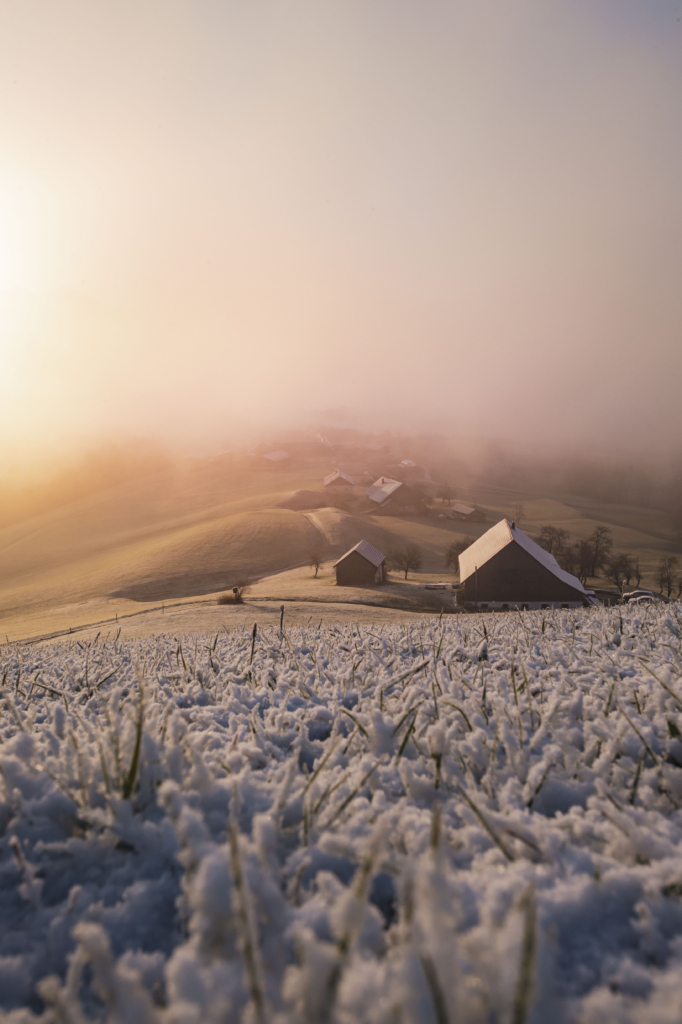 Sonnenaufgang und Nebelstimmung über dem "Mondseeland" in der Nähe des Mondsees an der grenze von Oberösterreich und Salzburg, Österreich.