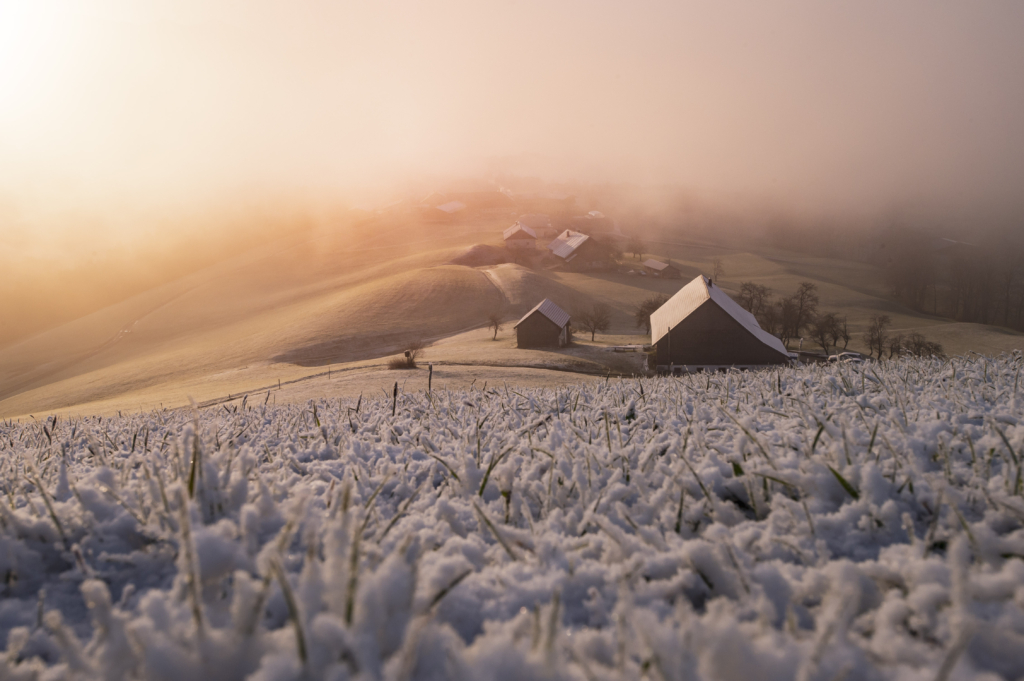 Sonnenaufgang und Nebelstimmung über dem "Mondseeland" in der Nähe des Mondsees an der grenze von Oberösterreich und Salzburg, Österreich.