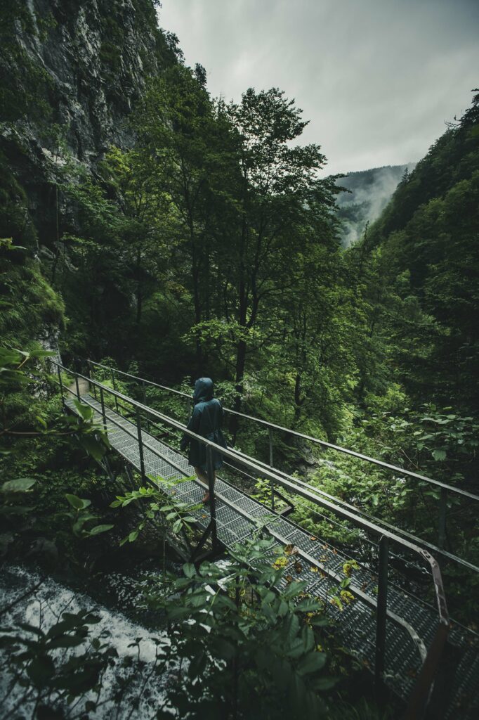 Wanderung zum Trefflingfall in Niederösterreich bei Regen und Nebel, Österreich.